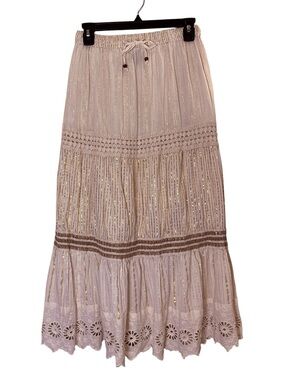 NAOO Women’s Beige and Gold Eyelet Cotton Tiered Maxi Skirt sz M